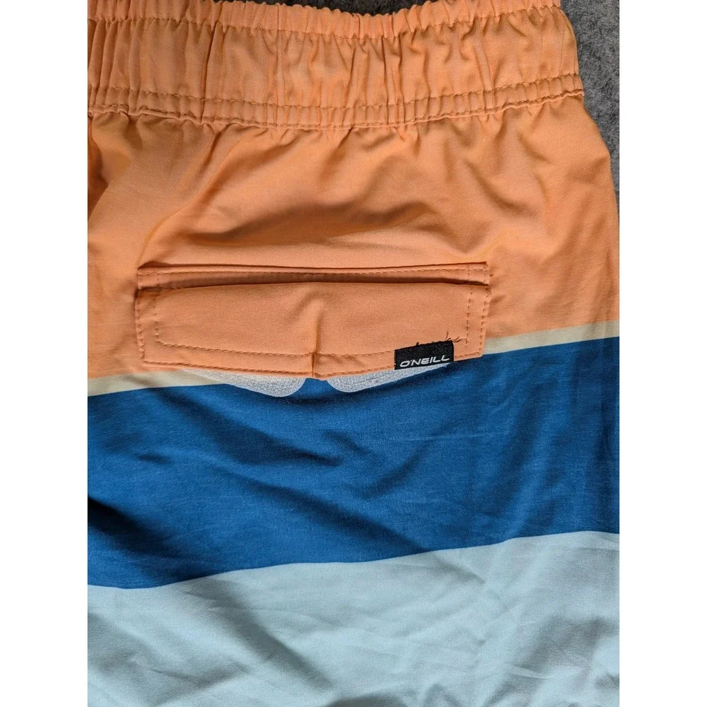 ONeill Mens Colorblock Swim Trunks Orange Blue Striped Board Shorts Mesh Lined